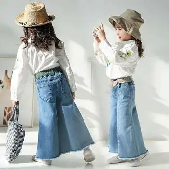 Панталони за момичета, разкроена деним в ретро стил, дантела, есенно-пролетно облекло 2021 г., Нова детски дрехи в европейския и американския стил