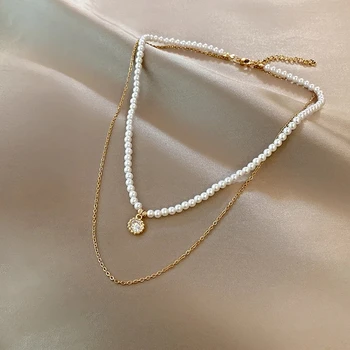 Двойна титановое стоманен перлена огърлица за жени INS стилен перла с висулка дизайн чувство на ключицата верига